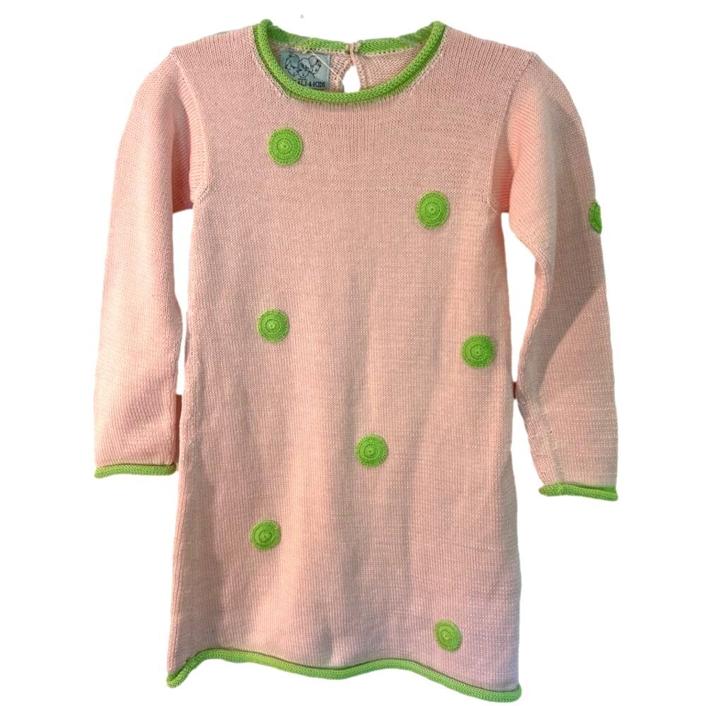 Zackali 4 Kids Hand Knitted Pink & Green Polka Dot Sweater Dress NWT